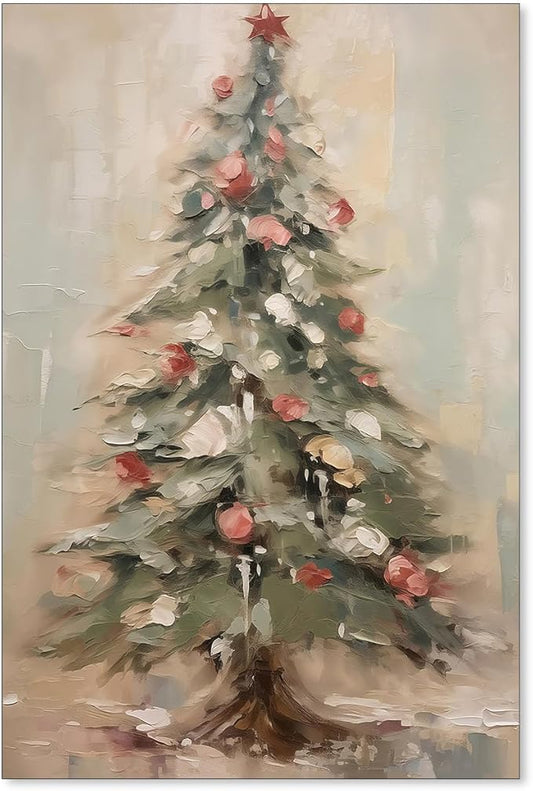 Winter Christmas Tree Wall Art Vintage Nature Botanical Pine Poster Forest Cottagecore Canvas Painting Prints for Living Room Office Wall Decor 16x24 inch Unframed