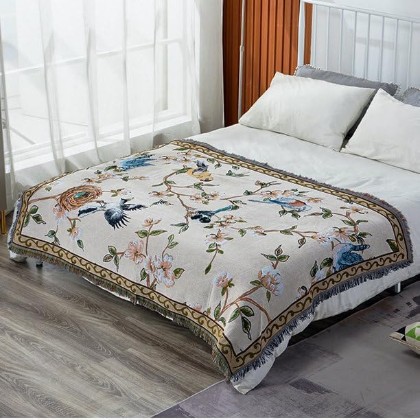 VClife Boho Beige Jacquard Couch Cover Modern Floral Bird Cotton Linen Slipcover for 3-4 Cushion Couch Sofa, 1 PC Retro Vintage Flowers Furniture Protector Futon L Shape Sofa Cover for Sectional Sofa