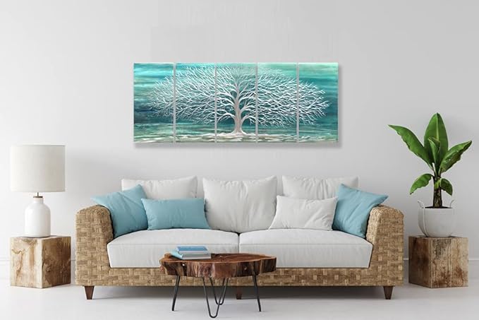 RICHSPACE ARTS Blue Green Metal Wall Art Silver Tree of Life 3d Artwork Extra Large Teal Sculpture Decor on Aluminum for Bedroom Living Room Kitchen Room Dining Room Walls Set of 5 Panels