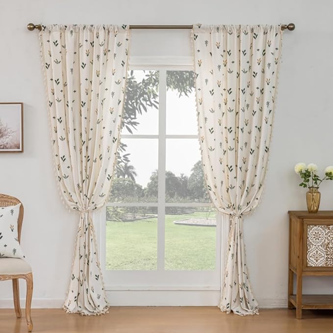 F-CHU Orange Floral Curtains for Bohemian 90 Inch Length French Country Floral Drapes Farmhouse Rustic Vintage Window Curtain Panels for Bedroom Chic Country Curtains，2 Panel 55" W x 90" L