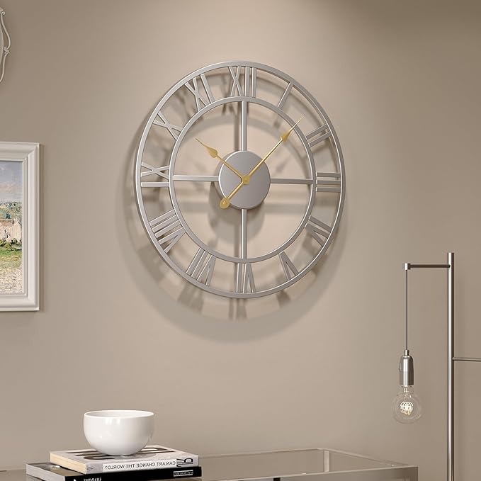 Cuspin 16 inch Wall Clock Silver, Modern Decorative Metal Clock Silent Non Ticking, Battery-Operated Round Clock Roman Numeral Analog for Living Room, Kitchen, Bedroom, Office, Home Decor