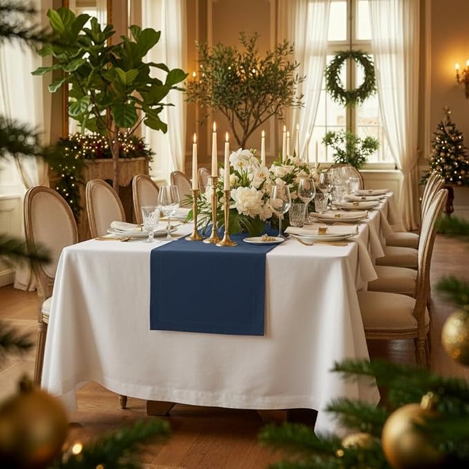 D'Moksha Homes Linen Table Runner 60 Inches - 100% Pure Linen Navy Blue Table Runner 14 x 60 Inch for Coffee Tables, Dresser, Fall, Thanksgiving, Holiday - Machine Washable