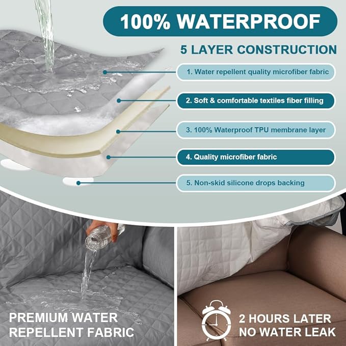 Turquoize 100% Waterproof Sofa Covers Couch Cover Sofa Cover for Dogs Couch Protector Triple Non-Slip Sofa Slipcover for 3 Cushion Couch Furniture Protector for Pets, Kids,Dog (XL Sofa 78", Dove Gray)
