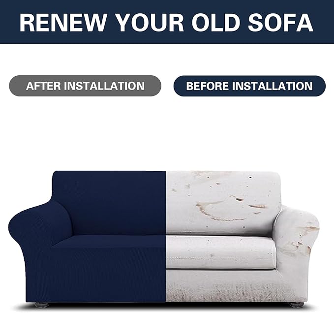 2025 New Stretch Sofa Slipcovers Couch Cover for 3 Cushion Furniture Protector Sofa Covers with Elastic Bottom Jacquard Fabric Small Checks for Pets, Kids -Sofa, Navy
