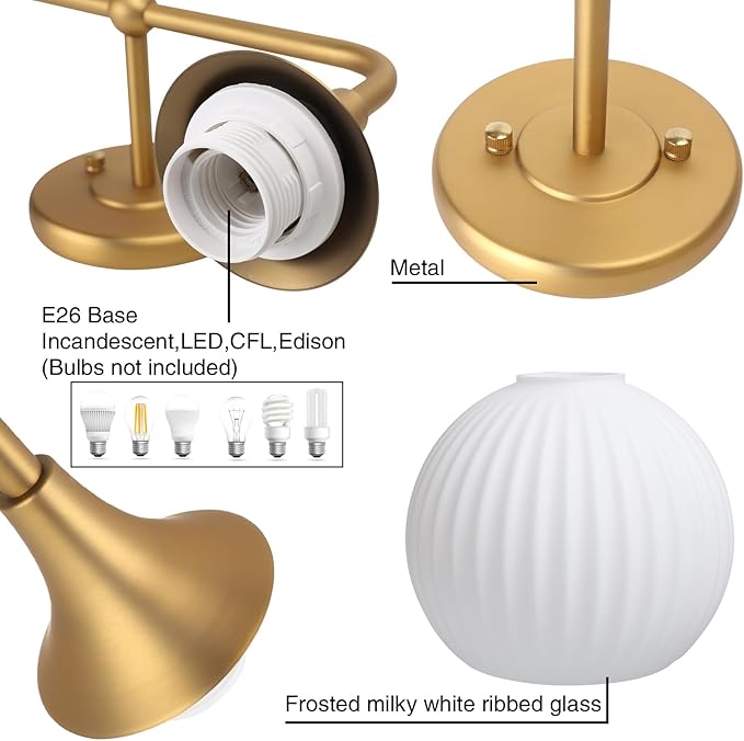 PERMO Double Sconce Antique 2 Light Sconces Vintage Vanity Light with Milk White Ribbed Globe Glass Shade for Bathroom Mirror Makeup Living Room Bedroom