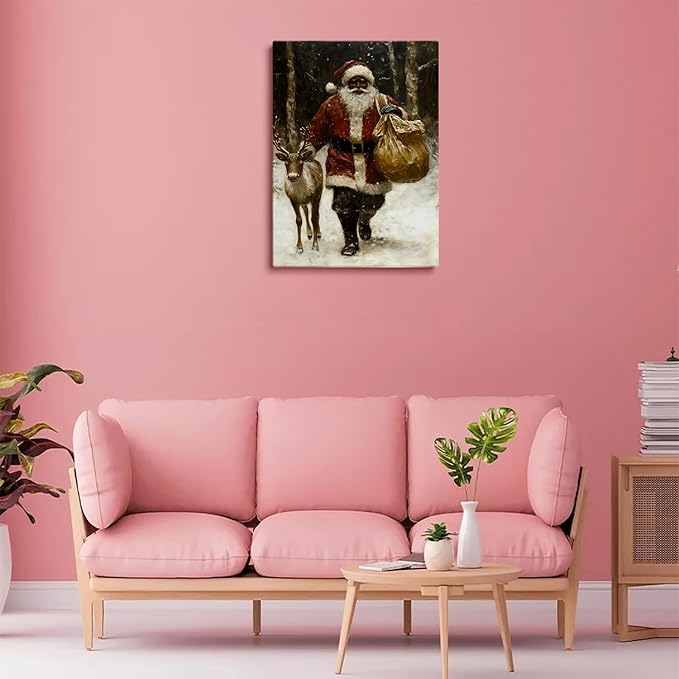 Coming to Town | Vintage Black Santa Claus Wall Art,Winter Holiday Decor,Christmas Print,Pockets Prints,African Santas With Reindeer Painting