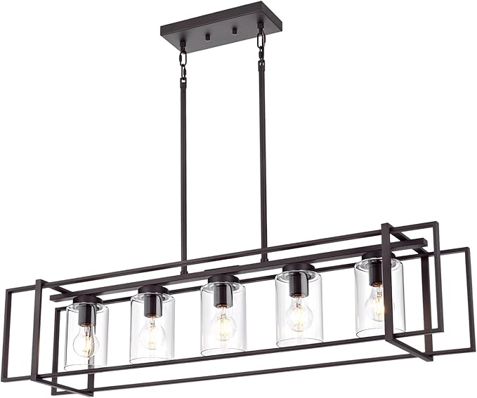 Oil Rubbed Bronze Kitchen Island Light Industrial Adjustable Pendant Lighting Open Rectangular Frame Design, 5-Light Vintage Fixture with Transparent Glass Shades