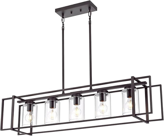 Oil Rubbed Bronze Kitchen Island Light Industrial Adjustable Pendant Lighting Open Rectangular Frame Design, 5-Light Vintage Fixture with Transparent Glass Shades