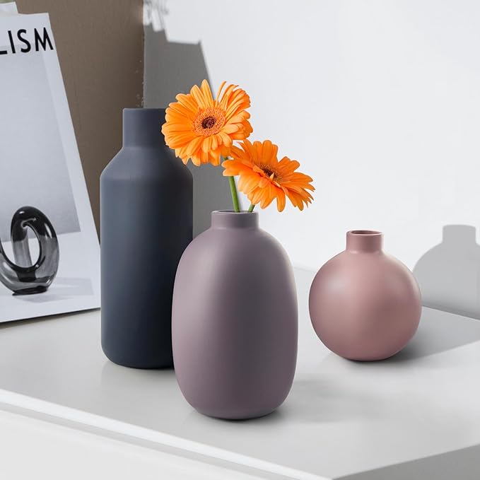Modern Ceramic Vase Set of 3, Compact Farmhouse Terracotta Vases for Home Decor, Beautiful Flower Vase Decoration, Multicolor Combinations