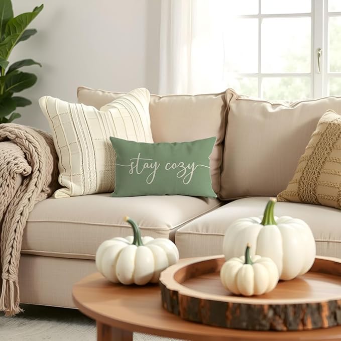 PANDICORN Stay Cozy Sage Green Pillow Cover 12x20 Inch, Lumbar Decorative Cushion Case for Sofa Couch or Bed, Rustic Farmhouse Home Decor for Living Room or Entryway Bench