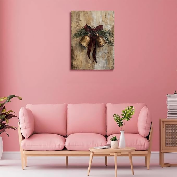 Moody Christmas Wall Art Print,Vintage Holiday Print,Brass Bells Rustic Oil Painting,Country Christmas Antique Winter Wall Decor