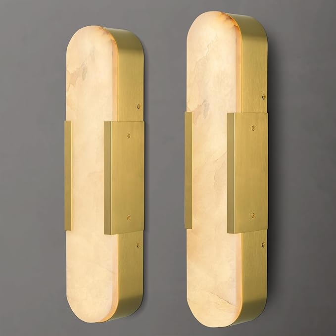 Alabaster Wall Sconce, 20" Natural Marble Wall Sconce, Brass Alabaster Sconces Set of Two, Indoor Modern Bathroom Sconces Wall Lighting for Living Room, Bedroom, Hallway, Stairs
