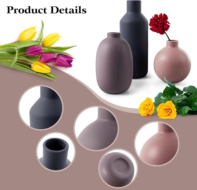 Modern Ceramic Vase Set of 3, Compact Farmhouse Terracotta Vases for Home Decor, Beautiful Flower Vase Decoration, Multicolor Combinations