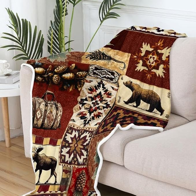 Rustic Cabin Throw Blankets, Farmhouse Country Vintage Bear Moose Wood Cozy Warm Bed Couch Blanket, Hunting Camping Forest White Fleece Flannel Throws to Decorate The Room and Bedroom
