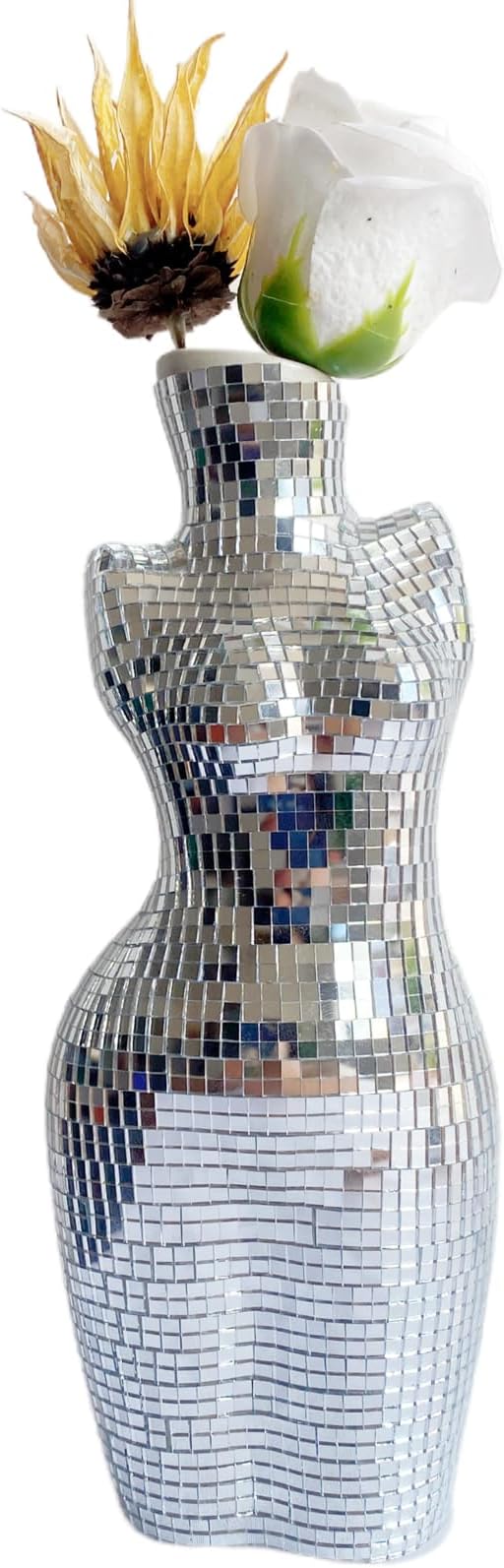 8.8 Inch Modern Chic Vase for Decor, Handmade Silver Disco Creative Boho Decor for Home,Table, Bathroom, Curve Art Body Flower Vase, 3.2x2.2x8.8 inches