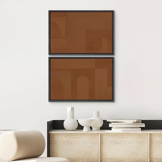 SIGNWIN Framed Canvas Print Wall Art Set Mid-Century Brown Polygon Landscape Abstract Shapes Digital Art Modern Art Decorative Minimalism Vintage for Living Room, Bedroom, Office - 24"x36"x2 Black