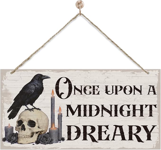 Gothic Wooden Hanging Decor Sign, Once Upon A Midnight Dreary, Skull and Raven Pattern Wooden Sign, Gothic Gift For Friend, Hanging Decor for Home Wall 7x14 Inches