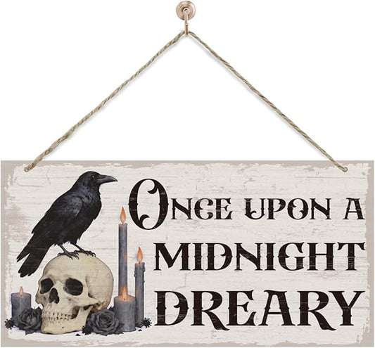 Gothic Wooden Hanging Decor Sign, Once Upon A Midnight Dreary, Skull and Raven Pattern Wooden Sign, Gothic Gift For Friend, Hanging Decor for Home Wall 7x14 Inches