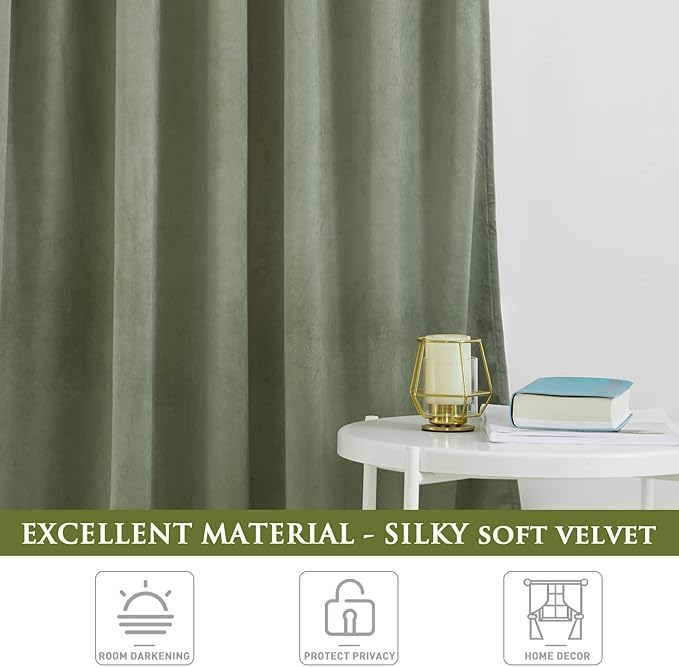 StangH Sage Green Velvet Curtains 105 inches Long, Back Tab Noise Reducing Drapes for Bedroom & Living Room, Thermal Insulated Privacy Sliding Door Panels, W52 x L105, 2 Panels