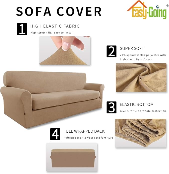 Easy-Going 2 Pieces Microfiber Stretch Sofa Slipcover – Spandex Soft Fitted Sofa Couch Cover, Washable Furniture Protector with Elastic Bottom Kids,Pet (Oversized Sofa, Camel