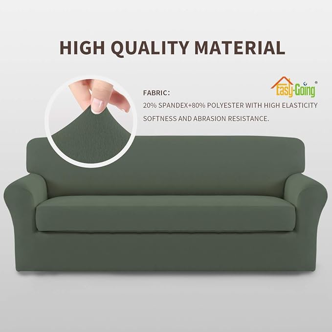 Easy-Going 2 Pieces Microfiber Stretch Sofa Slipcover – Spandex Soft Fitted Sofa Couch Cover, Washable Furniture Protector with Elastic Bottom Kids,Pet (Oversized Sofa, Greyish Green)