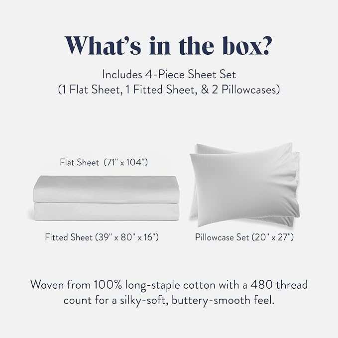 Brooklinen Luxury Sateen 4 Piece Sheet Set - 100% Cotton Bed Sheets, Soft & Durable Twin XL Sheets Set in White, Oeko-TEX Certified Bedding Set, 1 Fitted Sheet, 1 Flat Sheet, 2 Pillowcases