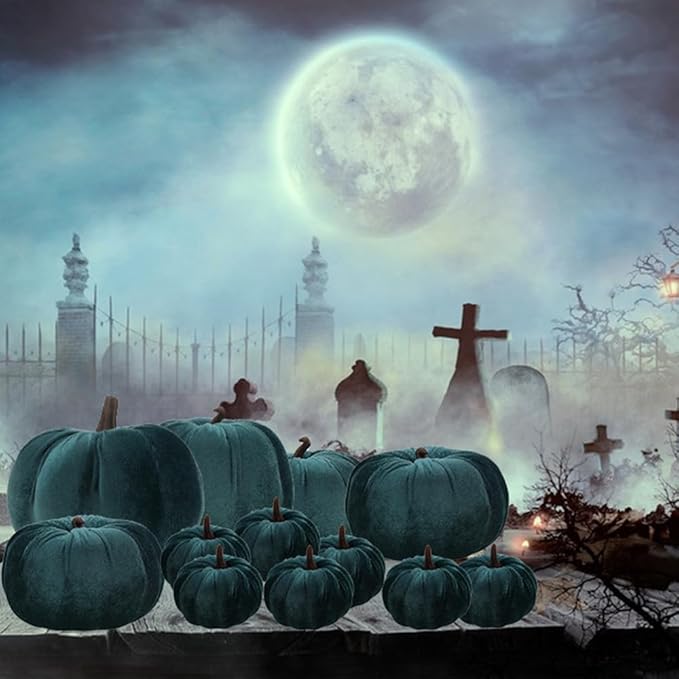 12pcs Artificial Velvet Faux Pumpkins Halloween Handmade Crafts Fabric Foam Fall Harvest Table Centerpiece Party Thanksgiving Decorative Teal