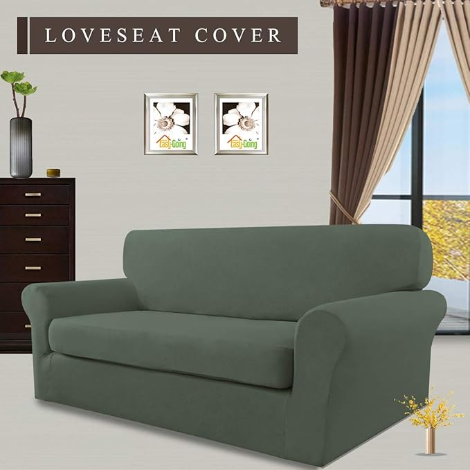 Easy-Going 2 Pieces Microfiber Stretch Sofa Slipcover – Spandex Soft Fitted Sofa Couch Cover, Washable Furniture Protector with Elastic Bottom Kids, Pet (Loveseat, Greyish Green)