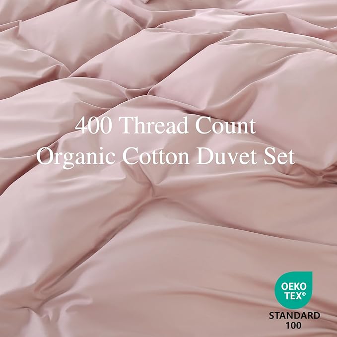 100% Organic Cotton Duvet Cover King 400 Thread Count Sateen Comforter Cover Soft and Breathable Cooling Bedding Set 3 Piece（Light Pink,King）