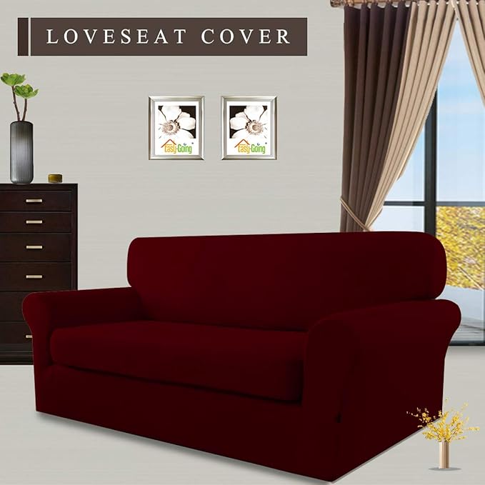 Easy-Going 2 Pieces Microfiber Stretch Sofa Slipcover – Spandex Soft Fitted Sofa Couch Cover, Washable Furniture Protector with Elastic Bottom Kids, Pet (Loveseat, Wine