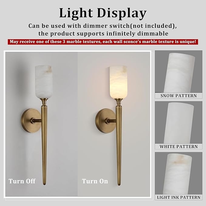 Alabaster Wall Sconces Set of Two, 22in Modern Spanish Natural Marble Bathroom Vanity Sconces, Brass Alabaster Sconce Wall Lighting, Gold Wall Light Fixtures Decor for Bedroom Living Room Staircases