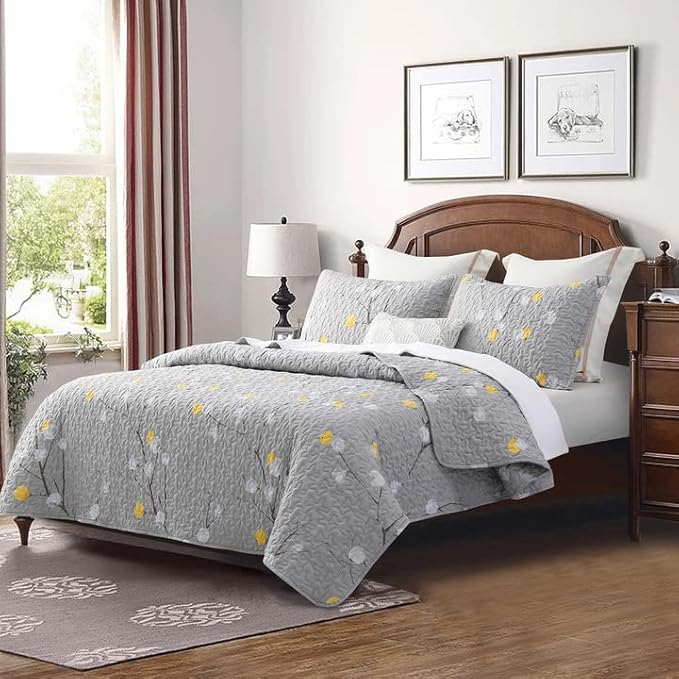 DURLENGEN Floral Quilt Set California King Size 3Pcs, Grey Branch with Yellow Turquoise Polka Dot Pattern All Season Lightweight Coverlet Sets(Cal King 112x104, Botanical Teal)