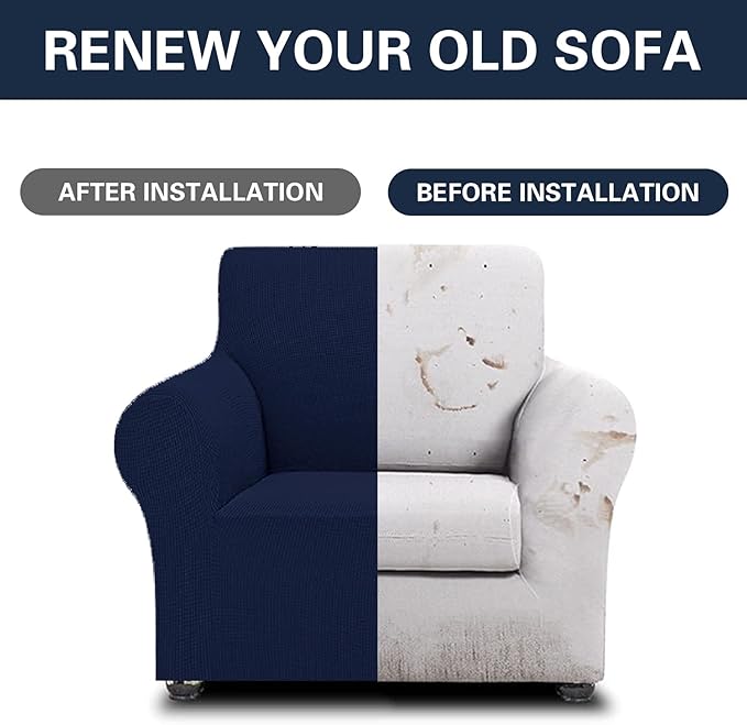 Cupuamon 2025 New Stretch Chair Sofa Slipcovers Couch Cover for 1 Seater Furniture Protector Sofa Covers with Elastic Bottom Jacquard Fabric Small Checks for Pets, Kids - Navy