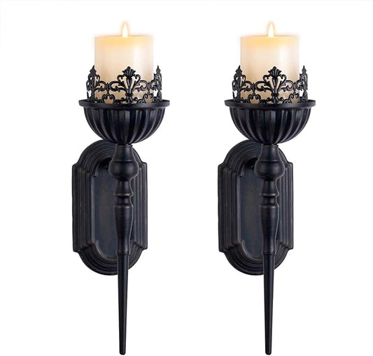 Wall Sconce Candle Holder (Set of 2) Black Crown and Scepter Design Wall-Mount Metal Candle Holders Hanging Iron Wall Candle Sconce Holder for Living Room, Bathroom, Dining Room