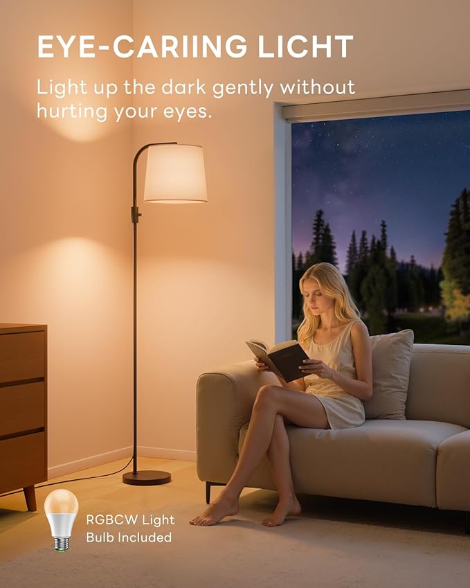 Dimmable Arc Floor Lamp, 1200 Lumens RGBCW Color Change Bulb Included, Standing Lamp with Linen Shade, 65" Tall Lamp with Remote for Living Room, Bedroom, Office, Dining Room, Kitchen, Black