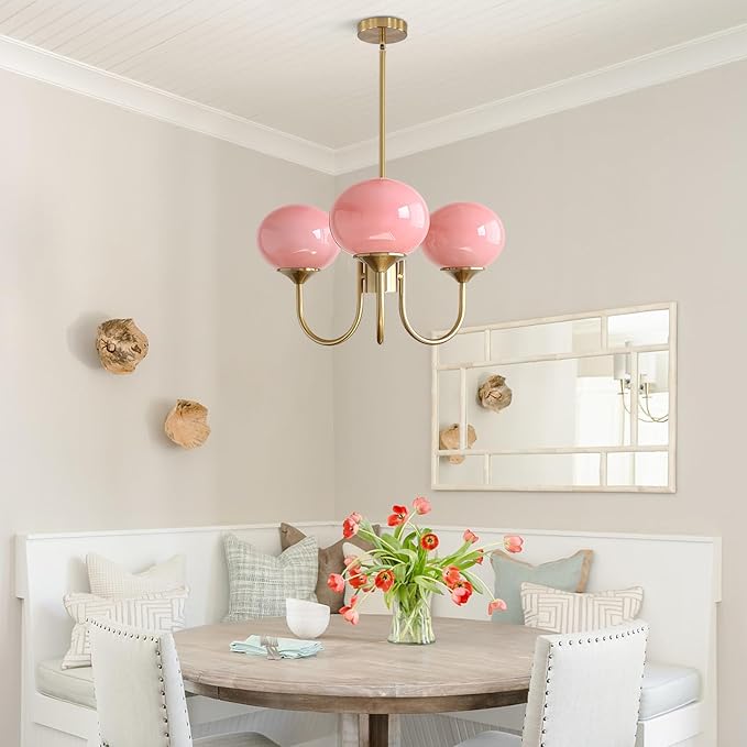BOKT Modern Pink Sputnik Chandelier Brushed Gold Globe Sputnik Light Fixture 3 Light Mid Century Glass Pendant Lights Height Adjustable Vintage Large Ball Chandeliers Light