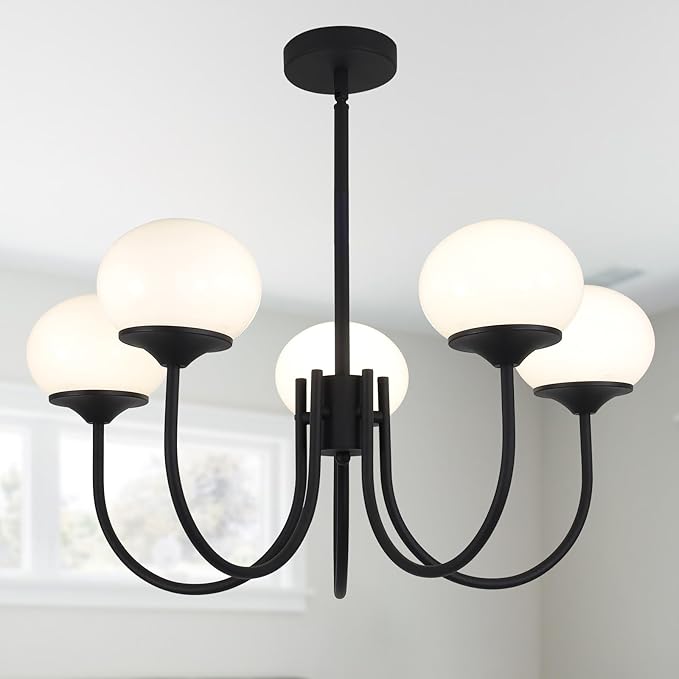 BOKT 5 Lights Mid Century Chandelier Light Fixture Black Sputnik Pendant Lights Milk Glass Globe Chandelier Adjustable Modern Farmhouse Dining Room Sputnik Kitchen Island Lighting BPL01-BK-5