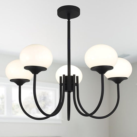 BOKT 5 Lights Mid Century Chandelier Light Fixture Black Sputnik Pendant Lights Milk Glass Globe Chandelier Adjustable Modern Farmhouse Dining Room Sputnik Kitchen Island Lighting BPL01-BK-5