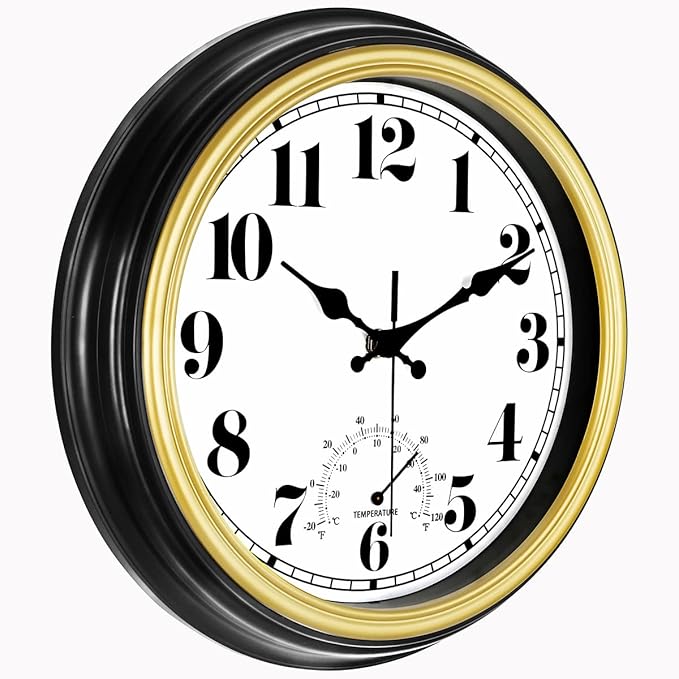 45MinST 12 Inch Indoor/Outdoor Retro Round Waterproof Wall Clock with Thermometer, Silent Non Ticking Battery Operated Quality Quartz Wall Clock Home/Patio Decor