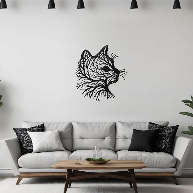 Otoolling Cat Tree Wall Art Silhouette Black Cat Wall Decor Metal Geometric Animal Art for Living Room Above TV Home Decoration, 10.2 x 10 Inch(Classic)