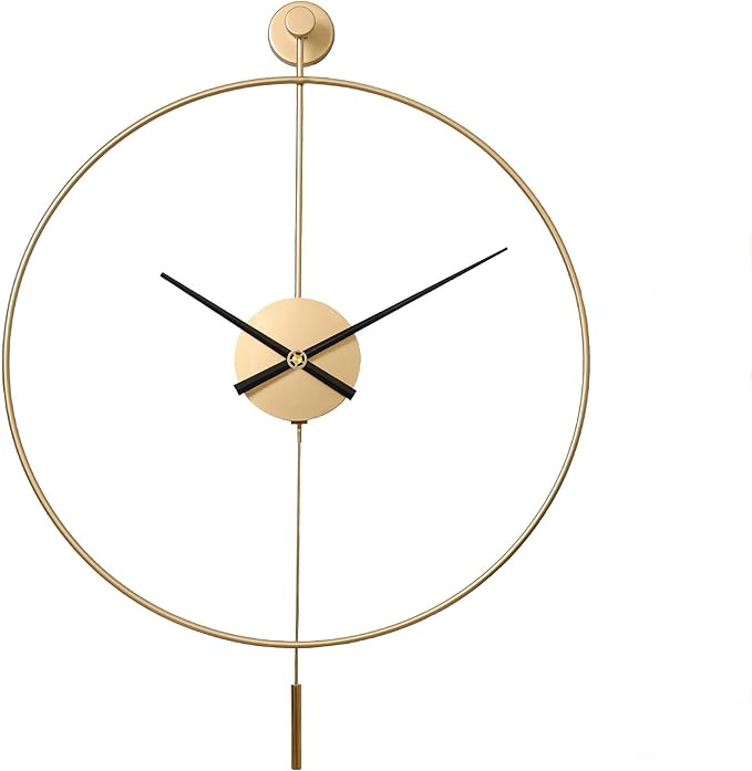 SHISEDECO Classical Large Modern Round Minimalist Wall Clock with Swing Pendulum, Non-Ticking Silent Metal Decorative Creative Art Clocks for Home, Living Room, Bedroom, Study, Office (20", Gold)