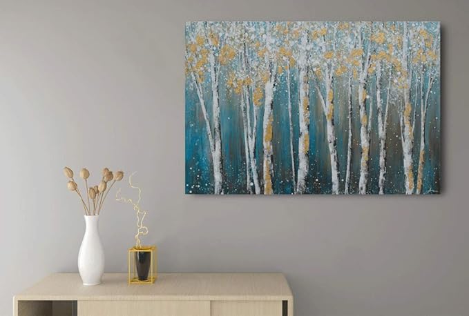 Yihui Arts Landscape Canvas Print Artwork: Teal Winter Forest Painting Wall Art for Office or Living Rooms Decoration