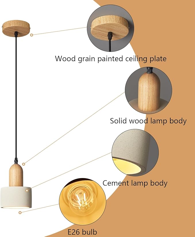 Modern Cement Pendant Lights White Chandelier Wooden Ceiling Lamps for Kitchen Island Bedroom Dining Room Living Room bar（1 Pack）