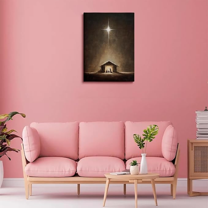 Vintage Style Christmas Manger Art Print:Christian Nativity Scene with Star of Bethlehem,Neutral Holiday Decor,Baby Jesus Artwork