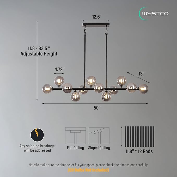 50 Inch Large Sputnik Globe Chandelier, 12-Light Mid Century Modern Light Fixture Over Table, Black Linear Chandeliers for Dining Room Kitchen Island Living (Smoke Grey Bubble Shades)