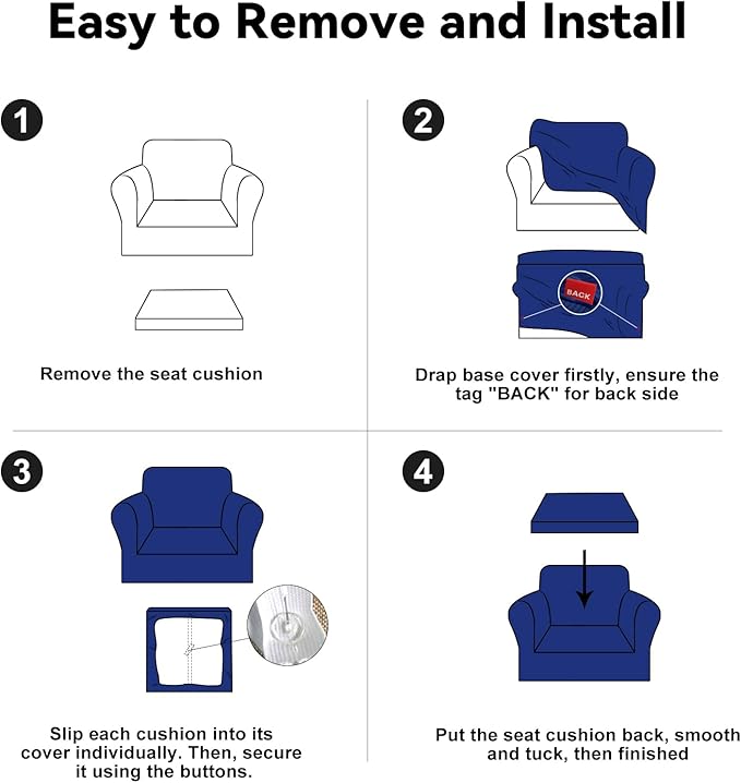 100% WaterproofChair Cover with Arms 2-Piece Set Striped Armchair Slipcovers with TPU Leakproof Bottom Stretch Couch Protector Pet Proof - Chair, Navy