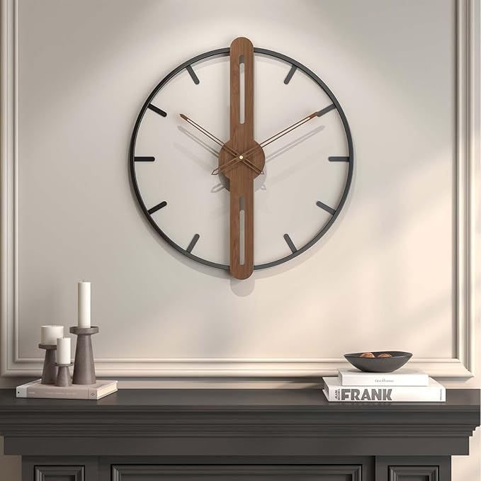 30 Inch Large Wall Clock for Living Room, Modern Silent Non Ticking Battery Operated Big Clock, Rustic Minimalist Wood Metal Frame Decorative Wall Clocks for Office, Bedroom, Kitchen