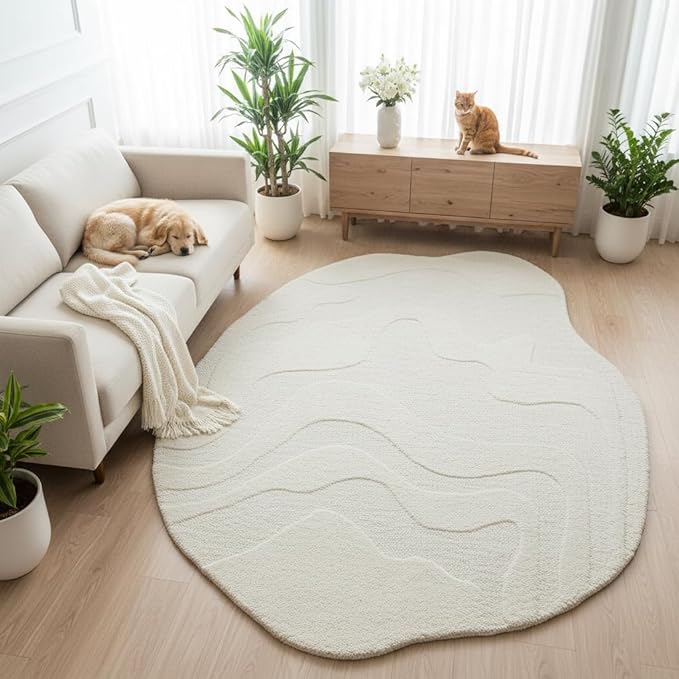 Natural Weave Irregular Shape Hand-Tufted Wool Area Rug – 100% Wool Carpet for Bedroom, Living Room & Home Décor – Modern Artistic Floor Rug(Cream White, 6' x 9')