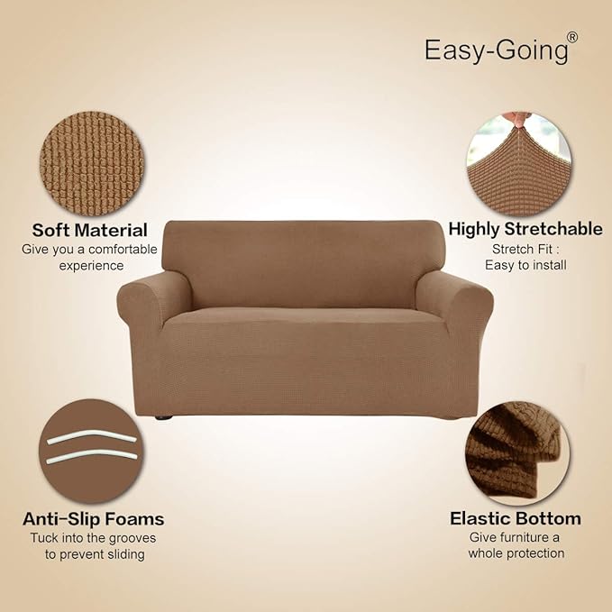 Easy-Going Stretch Sofa Slipcover 1-Piece Sofa Cover Furniture Protector Couch Soft with Elastic Bottom for Kids, Polyester Spandex Jacquard Fabric Small Checks (Sofa, Camel)