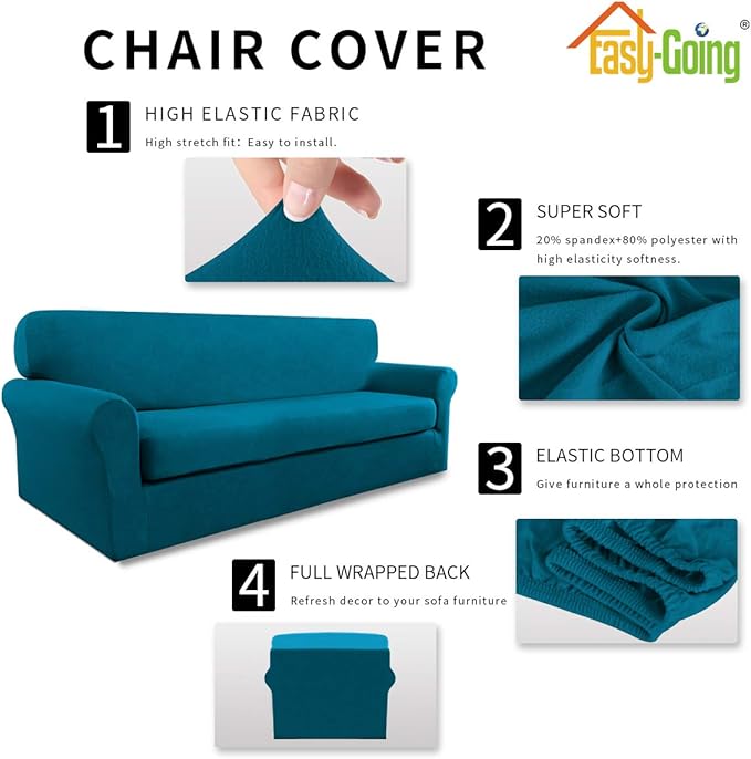 Easy-Going 2 Pieces Microfiber Stretch Sofa Slipcover – Spandex Soft Fitted Sofa Couch Cover, Washable Furniture Protector with Elastic Bottom Kids,Pet (Sofa, Peacock Blue)
